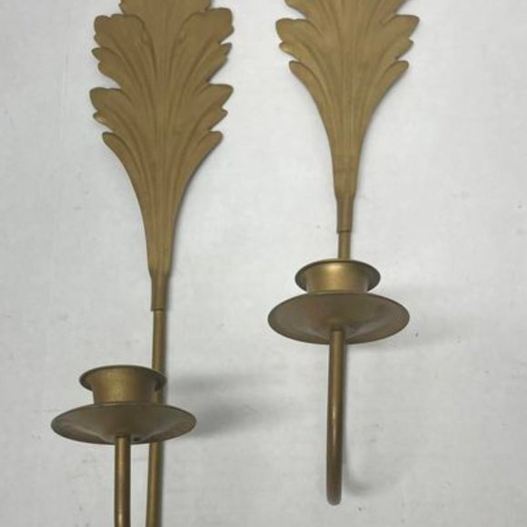 SET 2 Home Interiors & Gifts Brass Leaf  Design Single Candle Sconces 15.5".. - Picture 3 of 4